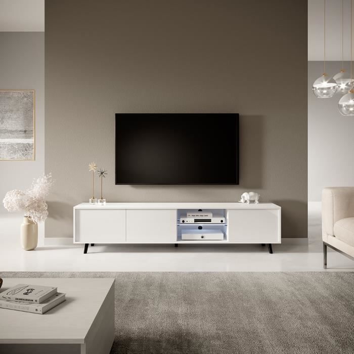 Meuble tv / Meuble de salon - GALHAD - 175 cm - blanc mat / blanc brillant - grande capacité de rangement - éclairage LED