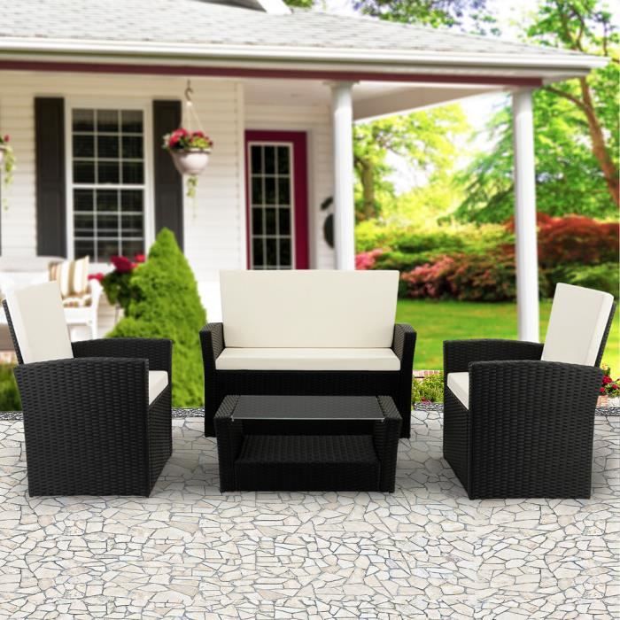 DEUBA - Salon de Jardin - Polyrotin • set complet + coussins - Noir - Résistant intempéries et UV, canapé, fauteuils, mobilier