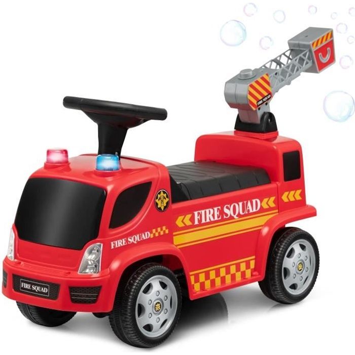 DREAMADE Camion de Pompier Porteur Enfants avec Machine à Bulles, Voiture à Pousser avec Lumières&Effets Sonores Musicaux, 18-36Mois