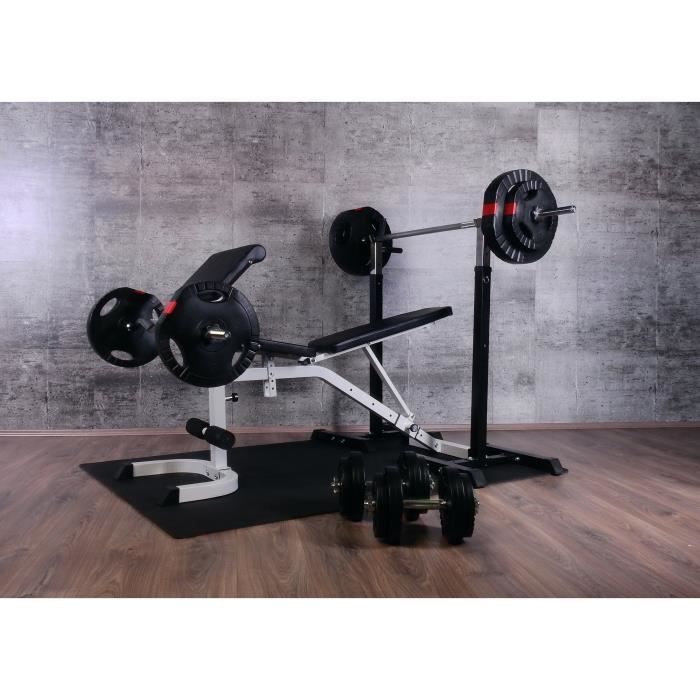 Set d’entrainement Complet 48 éléments - banc, repose barre, kit d'haltères, tapis protéction