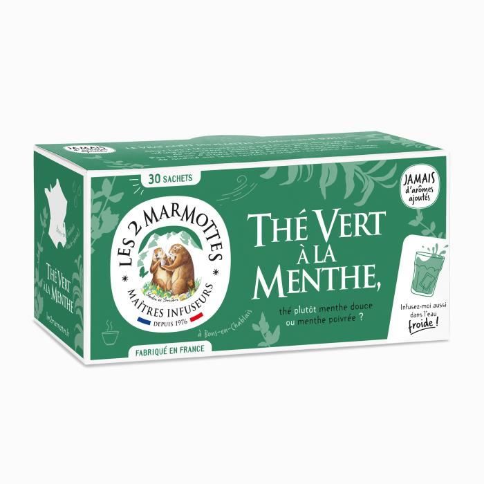 Les 2 Marmottes - Thé Vert BIO à La Menthe 30 sachets - Vitalité et Fraicheur - Pour Le Petit-Déjeuner - Idéal en Glacé