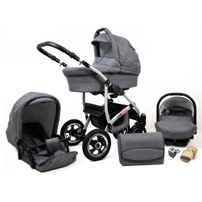Lux4kids Poussette combinée Landau roues pivotantes Poussette Canne Nacelle Accessoires Larmax Grey Flex Siège auto 4en1 +Isofix