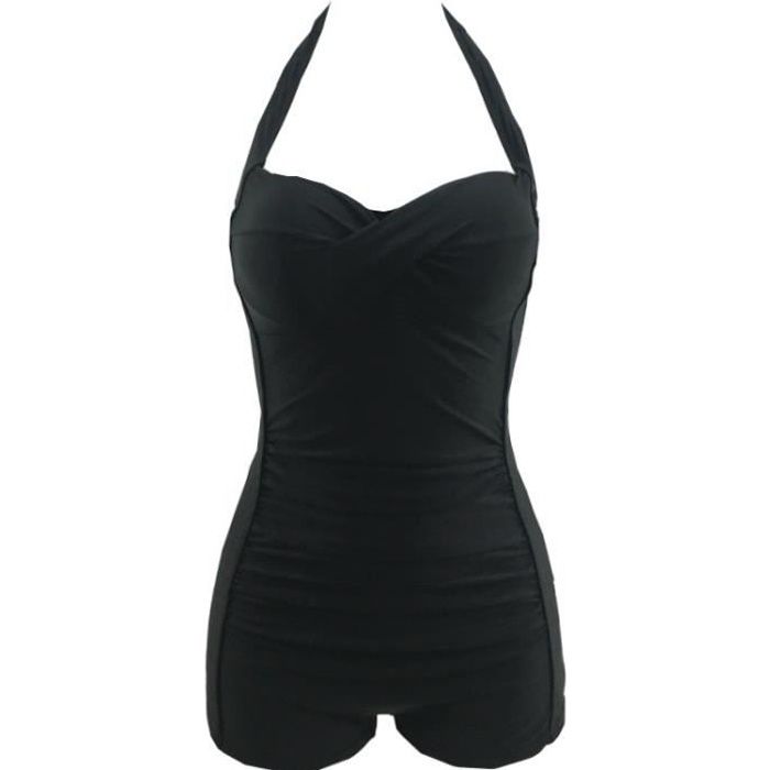 Femme Maillot de Bain 1 Pièce Grande Taille Push Up Vintage Élastique Bandeau Nouer au Cou Taille Haute Avec Jambe étendue Noir