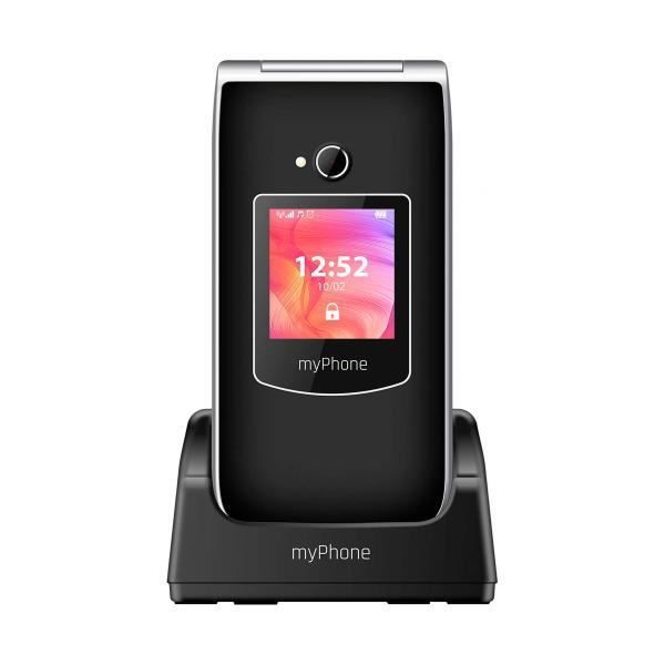 Téléphone portable MYPHONE RUMBA 2 fini en couleur noire, design flip avec écran couleur TFT 2,4 pouces, résolution 240 x 320