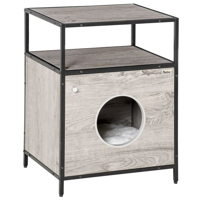 Maison de toilette pour chat style contemporain coussin peluche douce inclus châssis acier noir aspect bois gris