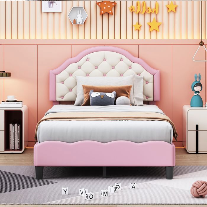 lit enfant 90x200 cm, lit simple avec sommier à lattes, pu cuir, rose