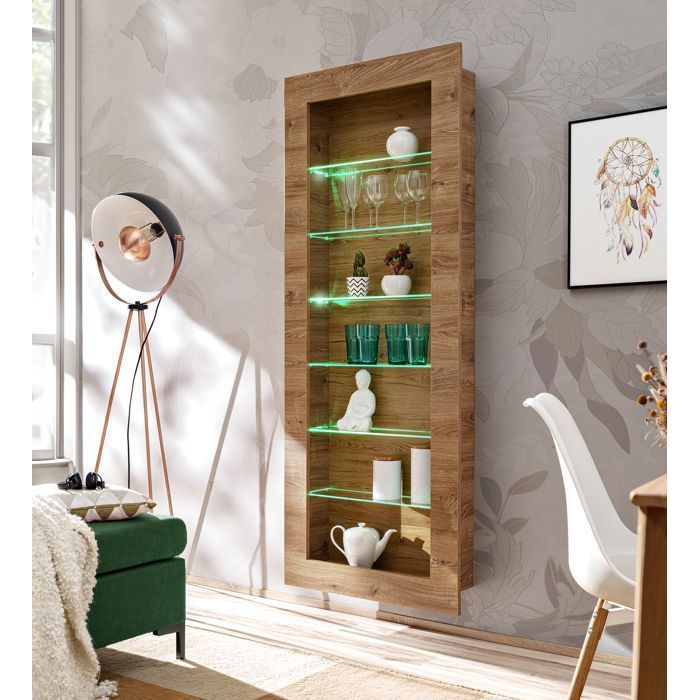 Komodee Vitrine Suspendue Como - Chene - Miel Truffe - LED RGB - 71 x 178 x 15 cm