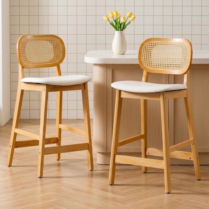 Wahson Tabouret de Bar Lot de 2 Tabouret Chaise de Bar en Bois et Cannage avec Coussin Imperméable pour Cuisine Similicuir Blanc