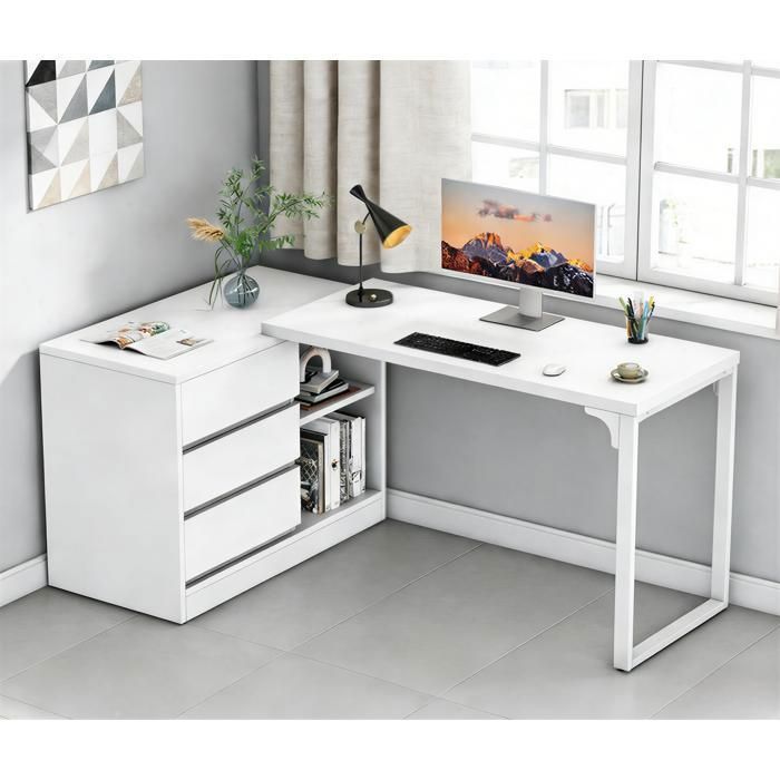 Bureau dordinateur en forme L avec tiroirs et étagères bureau dangle réversible avec armoire rangement - Blanc - 45 x 100 x 75cm