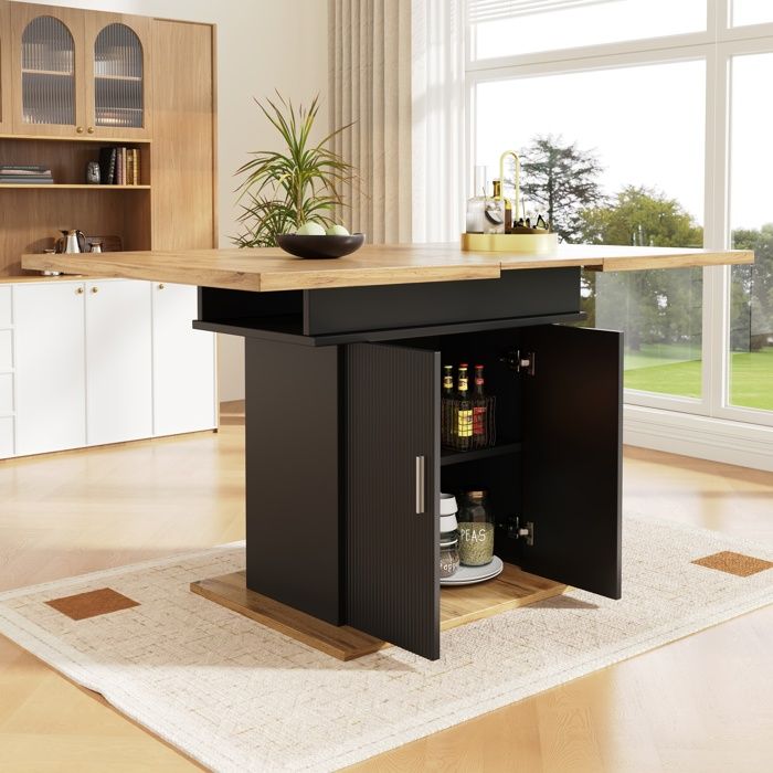 Table de salle à manger télescopiqueTable de cuisine avec 2 PortesArmoire de rangement140×70x76cmNaturel+Noir