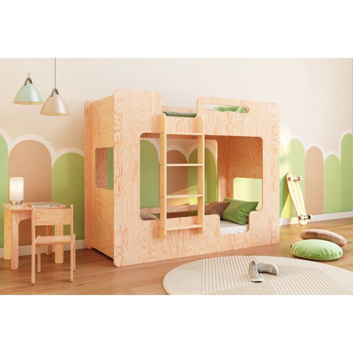 smartwood Lit Superposé Enfant 90x190 - Échelle Gauche - Couleur Bois Naturel - Lit Double MIMI BL - Sommier & Barrière de sécurité