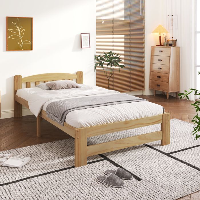 Lit Simple - Lit Futon Bois Massif 90x200cm - Adulte/Naturel Avec Tête De Lit & Sommier À Lattes - Sans Matelas Lit Simple - Lit Futon Bois Massif 90x200cm - Adulte/Naturel Avec Tête De Lit & Sommier À Lattes - Sans Matelas