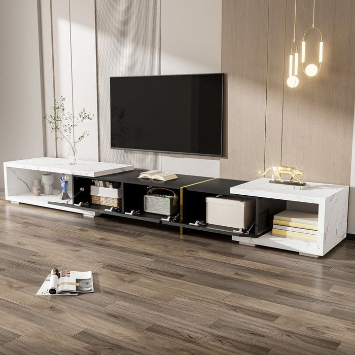 Meuble TV de longueur variable (140-260 cm) fonction pivotante aspect marbre blanc armoire TV