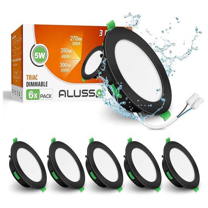 ALUSSO LED Spot Encastré Noir Extra Plat 5W 350LM Dimmable 3000K/4000K/6500K réglable Trou Φ72-85mm éclairage Plafond Lot de 6