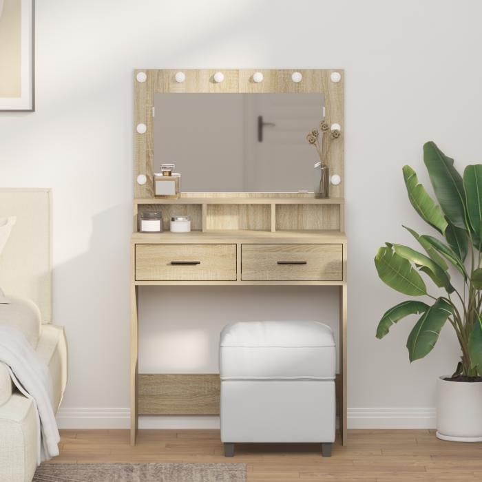 Coiffeuse - Chêne Sonoma - 79x41x135 cm - 2 tiroirs - Éclairage LED intégré