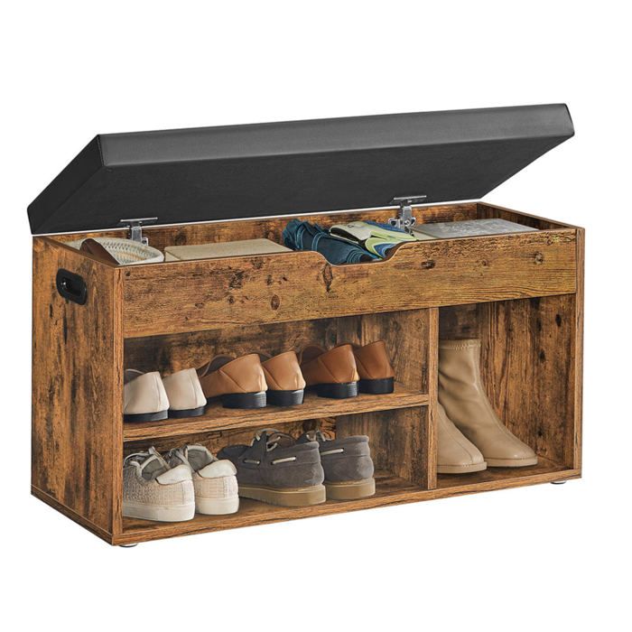 Banc de rangement à chaussures avec coussin confortable 3 compartiments coffre banquette range chaussures avec