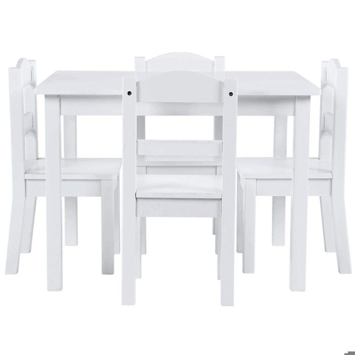 GINGER HOME Ensemble Table Enfant avec 4 Chaises – Bois Massif Blanc – 66x56x48 cm – Style Scandinave