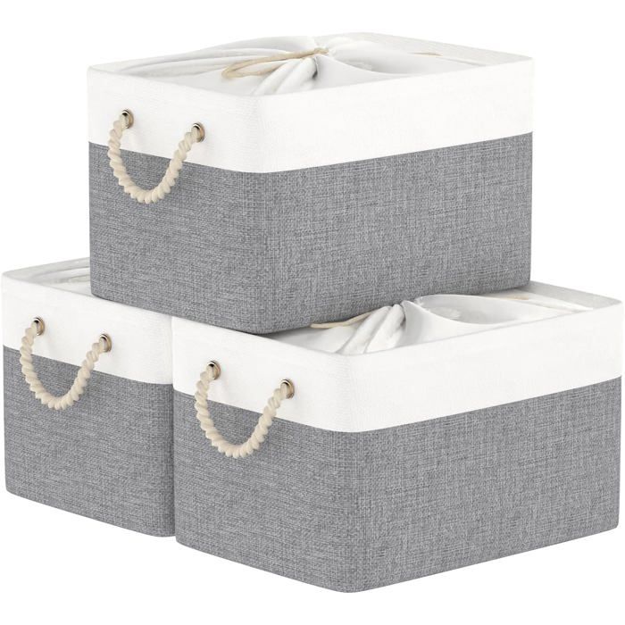 3PCS Panier Cube de Rangement avec Cordon de Serrage et 2 Poignées Pliables Caisse en Tissu pour Vêtements Blanc/Gris 33x23x20cm