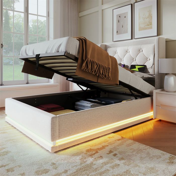 Lit adulte 90x200 cm rembourré avec coffre hydraulique - 1 place coton beige capacité 150 kg