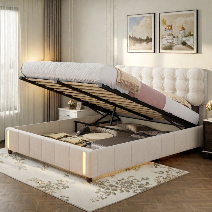 Lit coffre - 140x190 cm - Tissu velours beige - LED dinduction - Rangement hydraulique