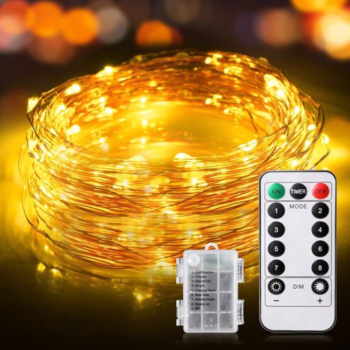 Guirlande lumineuse [lot de2] 24M 240LED piles IP65 8 modes int/ext Nol/mariage/soirée/maison/jardin (blanc chaud)