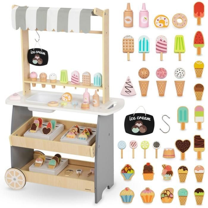 Mamabrum Chariot Glacier En Bois Sur Roues MAM16 - Jeu D'Imitation Avec Glaces Magnétiques, Cônes, Cuillère Et Argent - Jouet Éducatif Enfants 3 Ans+