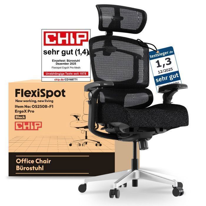 FlexiSpot Chaise Ergonomique Réglage Hauteur à 12 Niveaux Accoudoirs 7D Lombaire 5D Charge 250 kg Mousse Noir