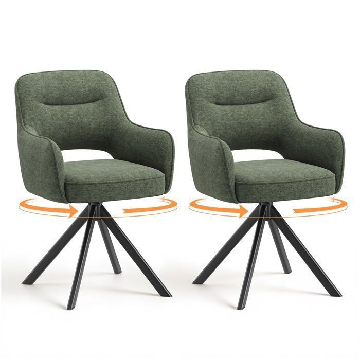 COLAMY – Lot de 2 chaises de salle à manger pivotantes premium demi-accoudoirs base en métal haute stabilité tissu vert moderne