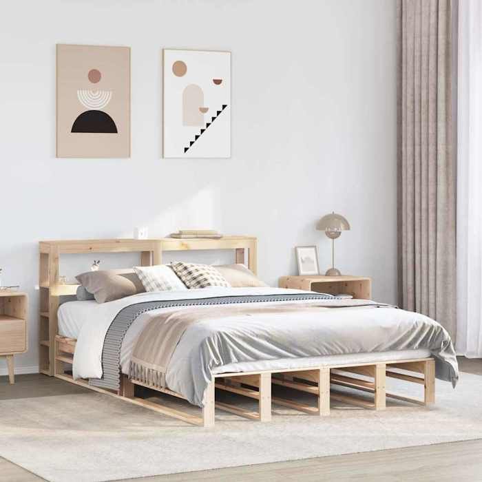 Structure de lit en bois de pin - UU - 120x190 cm - Bois de pin massif - Étagères de rangement - Sommier à lattes