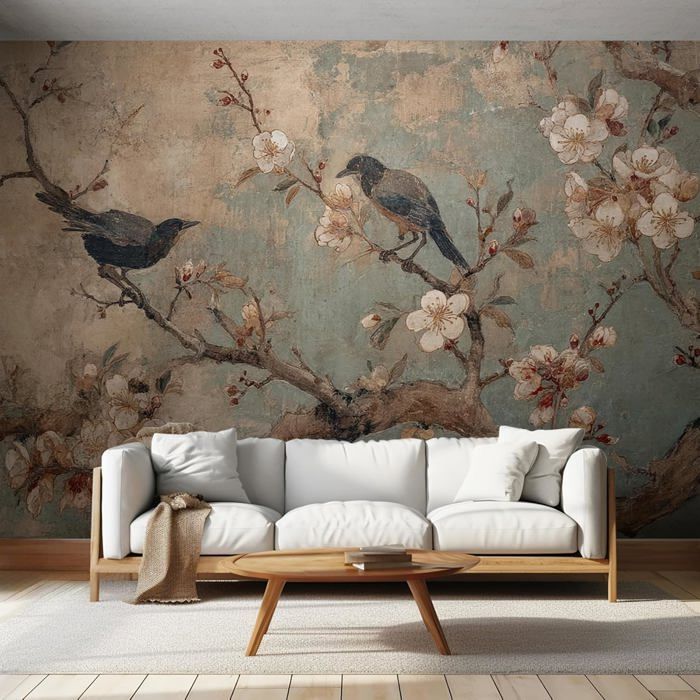Papier Peint Panoramique, Papier Peint Motif Oiseaux Fleurs ...