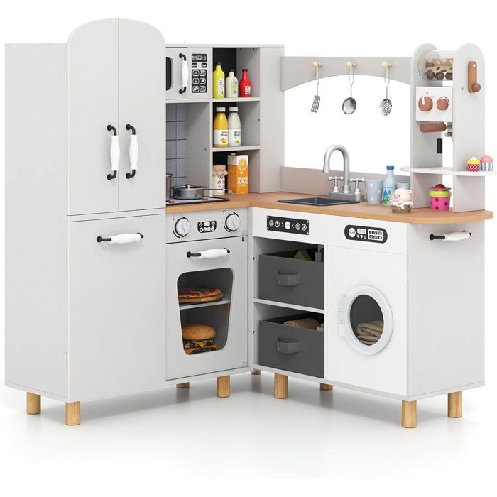 GOPLUS Cuisine dangle Enfant Cuisine Enfant en Bois avec 12 Accessoires Jeu dImitation pour 3+ Ans (Gris)