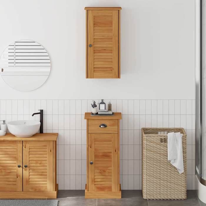 Meuble de salle de bain rustique - JILIS - 37x34x80 cm - Marron et marron miel - Bois massif de pin - Finition rustique