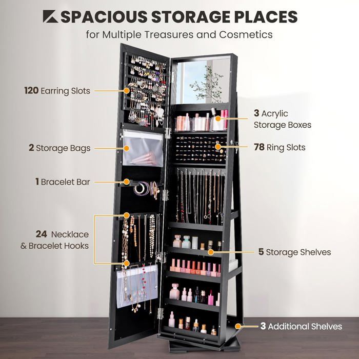 GIANTEX Armoire à Bijoux avec Miroir sur Pied et de MaquillagePivotante 360°avec Etagère et Serrure 39x39x161CM Noir