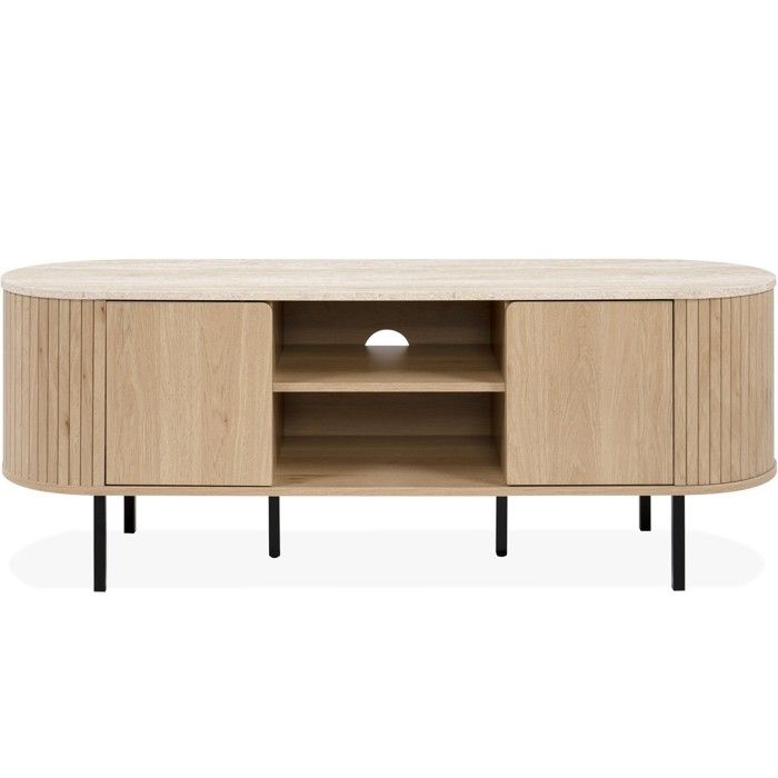 Meuble TV 2 portes 2 niches effet Chêne et Travertin 140 cm - Juna Meuble TV 2 portes 2 niches effet Chêne et Travertin 140 cm - Juna