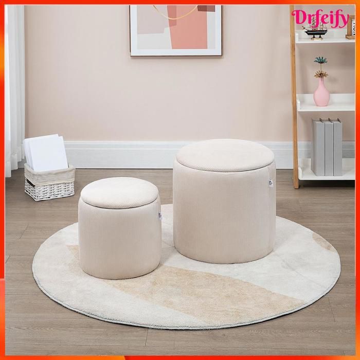 Poufs / tabourets coffre - AKOZON - Ø40 & Ø30 cm - Velours côtelé - Lot de 2 - Rangement caché