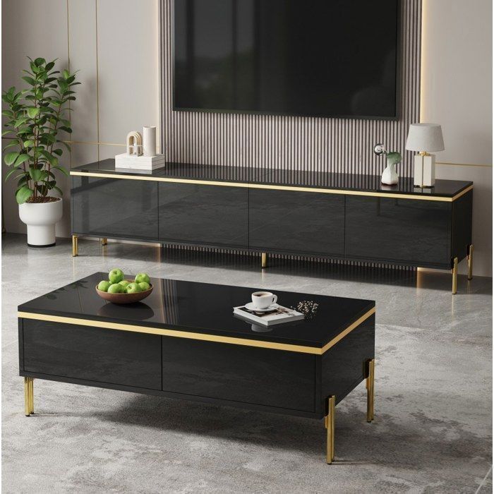 Ensemble Meuble TV + table basse noir L 170 x P 38 x H 50 cm rangement portes/tiroirs pieds métal doré