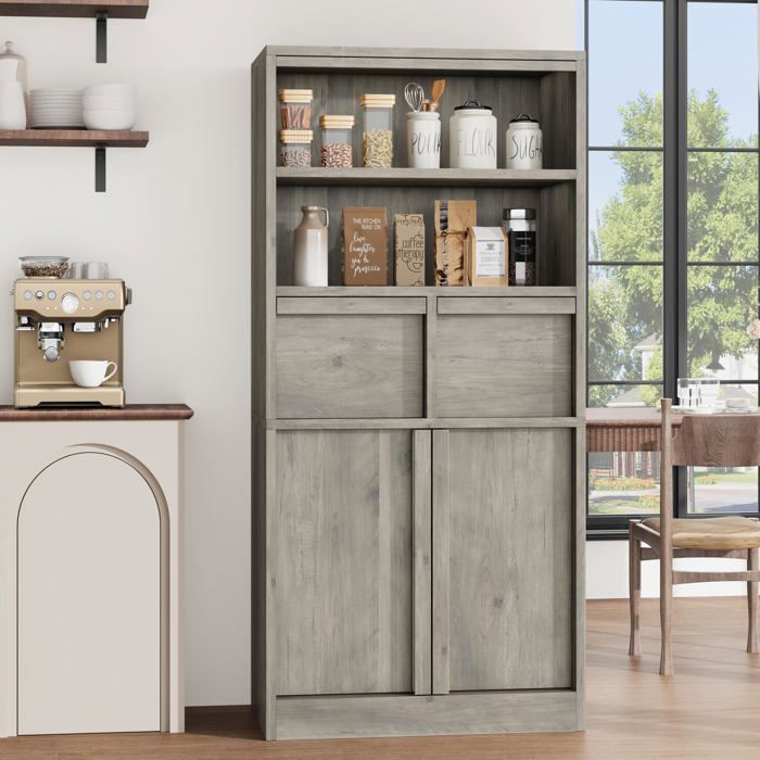 Armoire de salle de bain haute - LUNSY - 60x30x129 cm - Gris - 2 tiroirs - Placard fermé - Étagères ouvertes