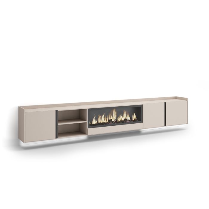 Meuble TV - Avec cheminée électrique XXL au centre - 315x35x50cm - Pour les TV jusquà 80 - LED - Beige - RF4771
