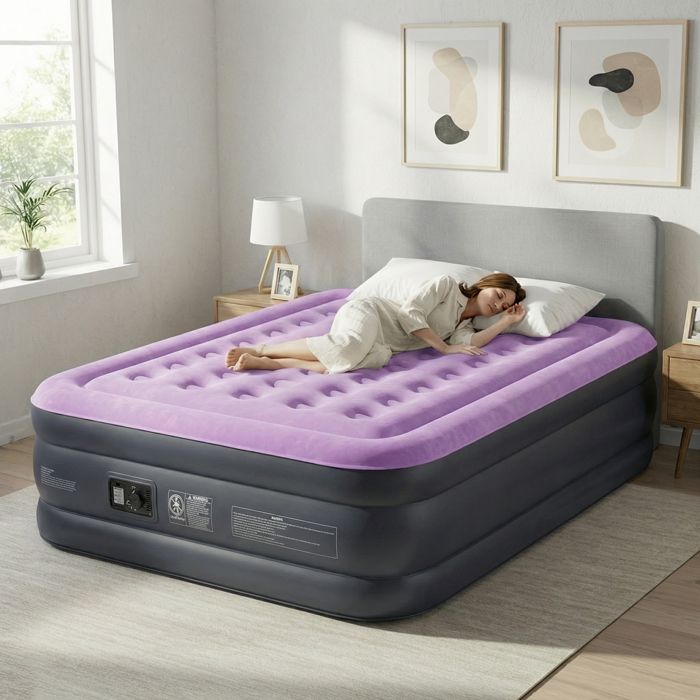 Matelas Gonflable 2 Personnes Pompe Électrique Intégrée,avec dessus floqué doux pour camping maison invités Violet Matelas Gonflable 2 Personnes Pompe Électrique Intégrée,avec dessus floqué doux pour camping maison invités Violet