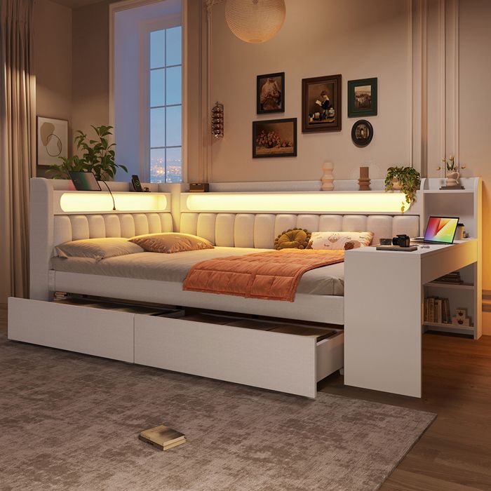 Canapé-lit rembourré 140 x 200 cm avec port USB et LED - Bureau - Deux tiroirs - Tissu lin - Blanc
