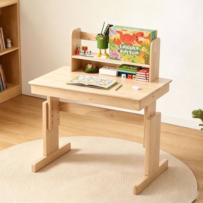Bureau enfant Hauteur réglable bois massif plateau rabattable étagère et certification de sécurité Pour les enfants de 6 ans et plus
