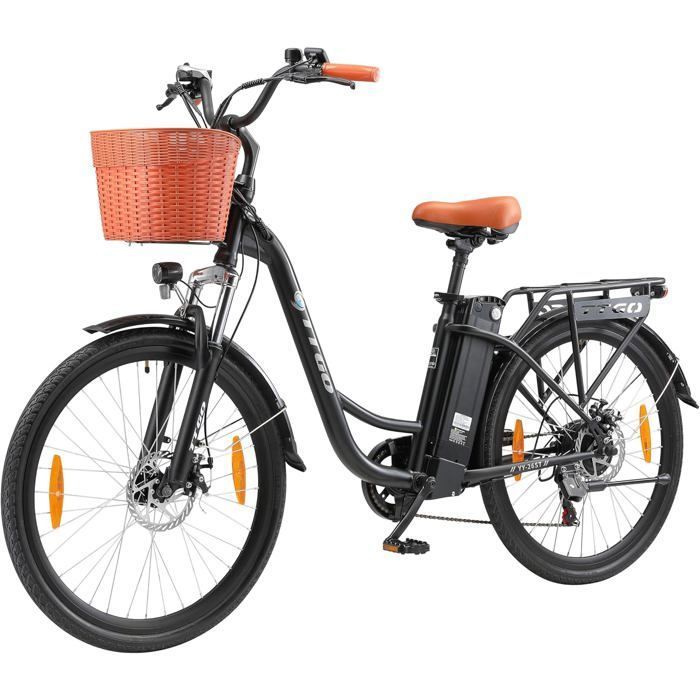 TTGO YY-26ST Vélo électrique urbains avec panier 26 vélo de ville 250W 45Nm Moteur 36 V 14.5 Ah batterie Shimano 6 vitesses Noir