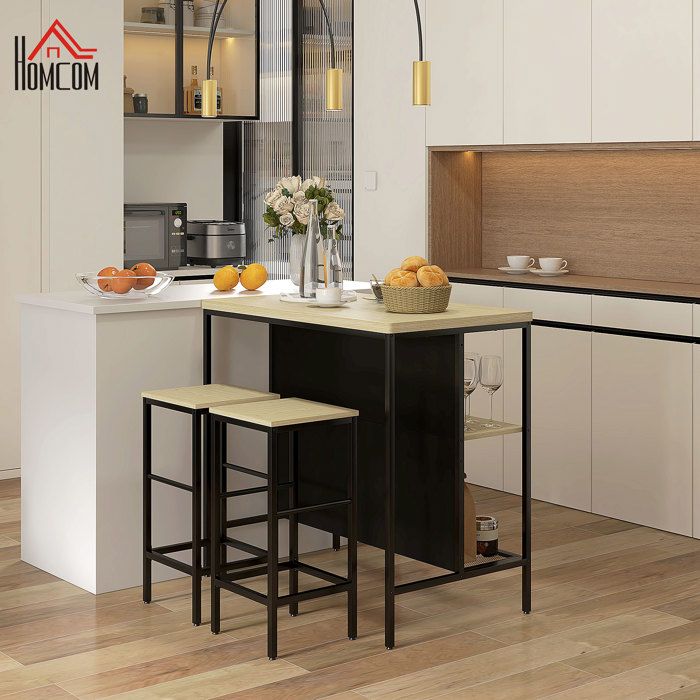 Ensemble bar 3 pièces - Table + 2 tabourets - Noir / Chêne - Rangement intégré - Cadre acier stable