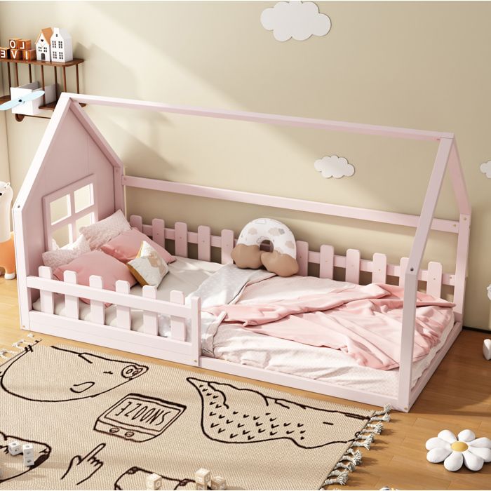 Lit Cabane enfant 90×200cm - Barrière de Sécurité - fenêtre et sommier - Bois - Rose (sans matelas)