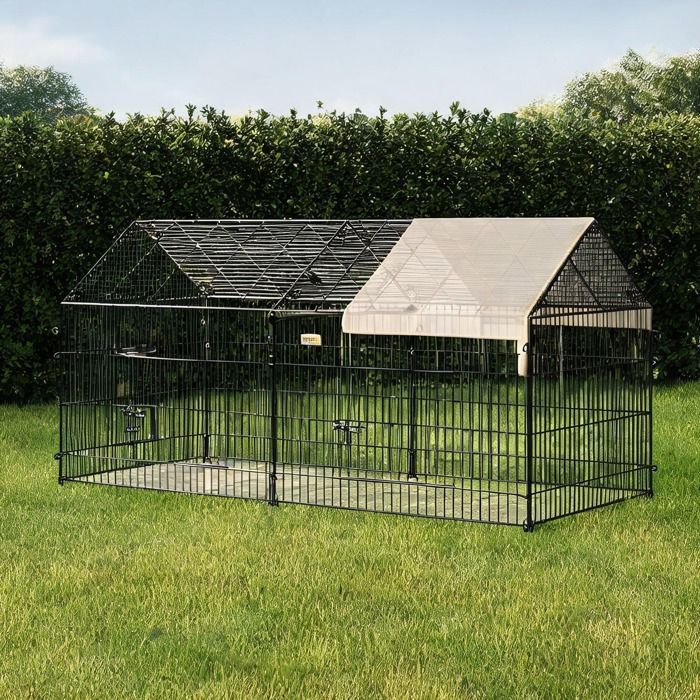 Enclos extérieur pliable pour petits animaux 220 x 103 x 103 cm structure acier et polyéthylène toit imperméable beige et noir