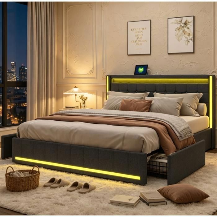 Lit coffre 160x200 avec sommier lit deux place avec USB et Type-C lit modern avec 4 tiroirs lit rembourré avec LED lin gris