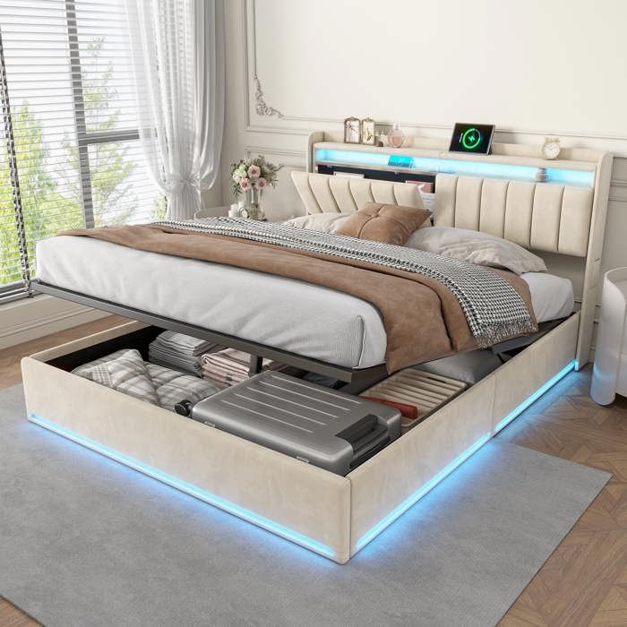 Lit 160 x 200 cm avec sommier LED et USB Lit coffre 160x200 avec tête de lit rembourrée Lit LED et chargement Velours Blanc