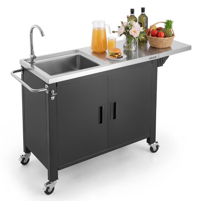 Desserte Plancha 132 cm-VEVOR-Chariot de Barbecue avec Évier et Placard Plan de Travail Mobile pour Extérieur Plateau en Inox