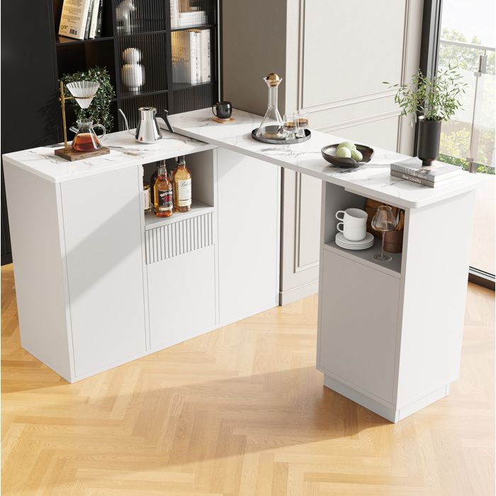 Bar rotatif 360° blanc avec plan de travail aspect marbre et rangements ouverts 210 x 30 x 1009 cm