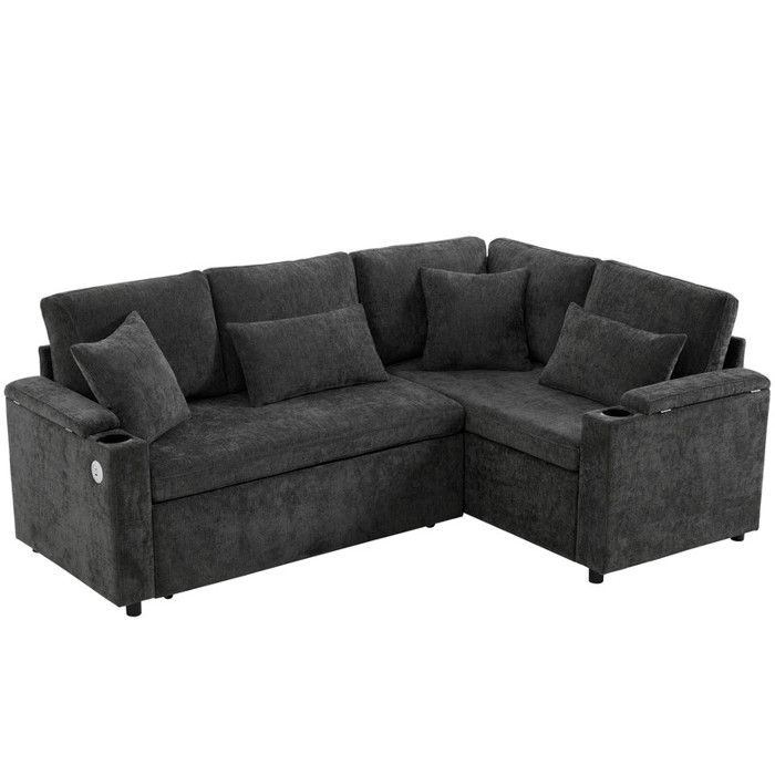 Canapé dangle convertible lit gris extensible en L avec rangement porte-gobelet et port USB accoudoirs confortables